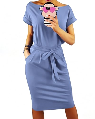 Image of PRETTYGARDEN Women's Summer Short Sleeve Crewneck Striped Dress Basic Solid Tie Waist Office T Shirt Dresses Pockets