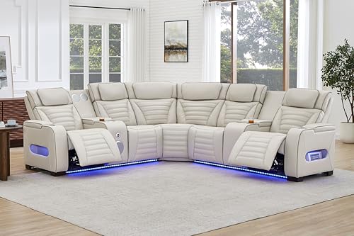THSUPER Power Beige Leather L Shaped Recliner Sofa Couch
