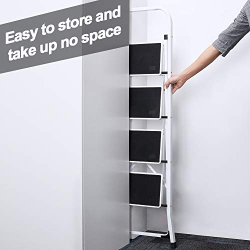 Delxo Folding 4 Step Ladder with Convenient Handgrip Anti-Slip Sturdy and Wide Pedal 300lbs Portable Steel Step Stool White and Black 4-Feet
