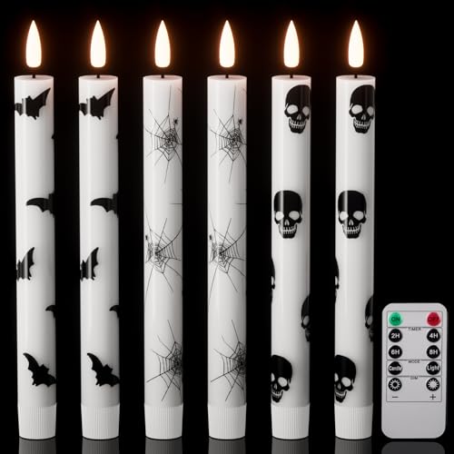 Wondise Halloween Flameless Taper Candles with Remote & Timer, Battery Operated with Spider Web, Bats, Skull, Real Wax 3D Wick LED Candles for Halloween Decorations