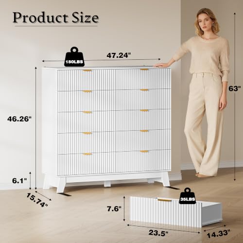 Image of BORNOON 46 inch Tall Dresser for Bedroom, 10-Drawer Fluted Chest of Drawers, Modern Wood Highboy with Metal Slides and Handles, Anti-Tip Kit, Vertical Clothes Storage Organizer for Apartment, Closet