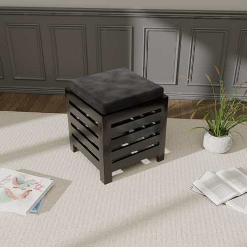 Image of ETIQUETTE ART Cushion Wooden Stool - Square Table For Office, Kitchen, Or Bedside With Black Cotton Cover