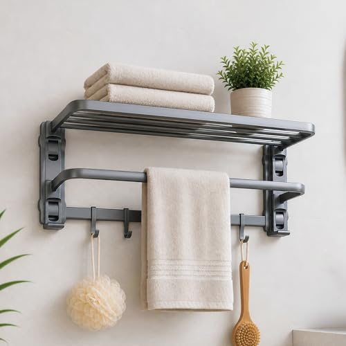 Image of Amazon Basics Suction Towel Rack for Bathroom | Rustproof Wall - Mounted Towel Holder with Hooks | Strong Vacuum Grip, No Drilling Required Grey