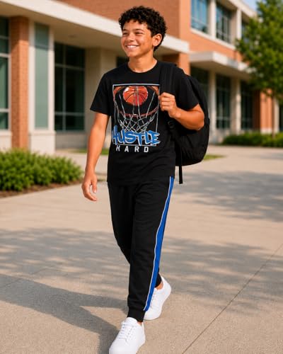 Image of Pro Athlete Boys Pants Set - 3 Piece Active Short Sleeve Graphic Tees Athletic Shorts and Jogger Sweatpants for Boys
