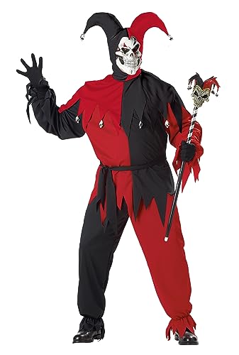 Costume bouffon noir et rouge grande taille avec cagoule pointue style Joker