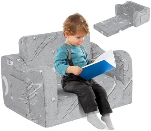 Kidirect Toddler Couch 2-in-1, Kids Sofa Bed Fold Out Convertible Lounger, Chair for Toddlers 1-3 with Storage Pockets, Gift for Boys Girls (Starry Grey)