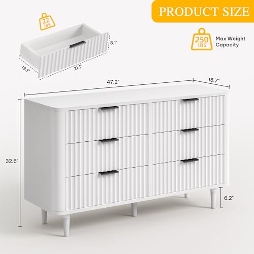 DWVO 6 Drawer Dresser with Fluted Panel, 47.2" Wide Modern Closet Dressers Chest of Drawers, Wood Storage Dresser Organizer for Bedroom, Dorms, Flats, Living Rooms, Hallways, White
