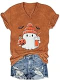 Halloween Shirts for Women V Neck Ghost Shirt Fall Pumpkin Tshirt Coffee Lover Graphic Tees Casual Short Sleeve Tops (Brown1, X-Large)