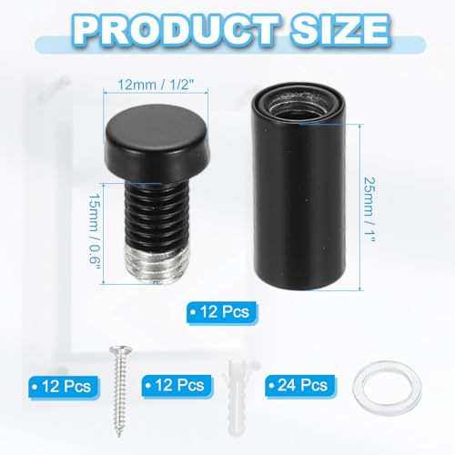Image of PATIKIL 1 /2 inch x 1.2 inch Standoff Screws, 12 Pack Stainless Steel Wall Mount Sign Standoffs Mounting Hardware Advertising Nail for Hanging Acrylic Picture Frame, Black