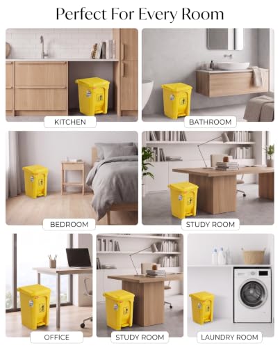 Image of pedal dustbin with lid, heavy duty plastic garbage bin, hands-free step-on waste bin for kitchen, office, home, hotel, bathroom & outdoor use