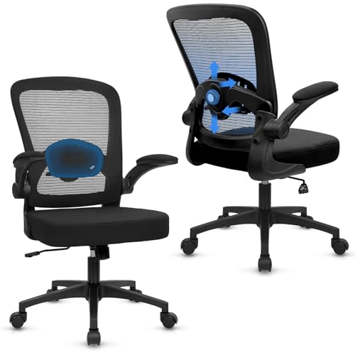 Image of KLASIKA Desk Chairs with Wheels, Ergonomic Mesh Back Home Office Chair Adjustable Lumbar Support and Height Swivel Rolling Computer Task Chairs with Flip Up Armrests for Conference Meeting, Black, 2PK