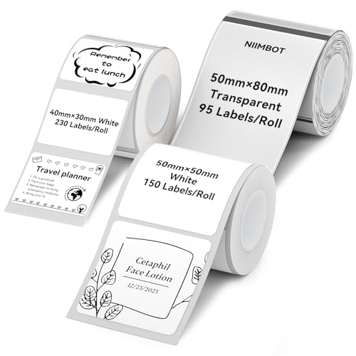 Image of NIIMBOT Thermal Label Tape 3 Rolls, Compatible with B1 B21 B31 Label Maker | Multi-Size Pack, 40x30mm White, 50x80mm Clear, 50x50mm White | for Address, Jar, Gift, Logo & File Organization Stickers