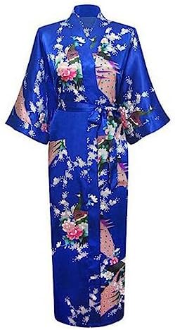 JINFUHAO Women Long Robe With Pocket Wedding Bride Bridesmaid Dressing Gown Rayon Kimono Bathrobe Night Dress Blue 1 M