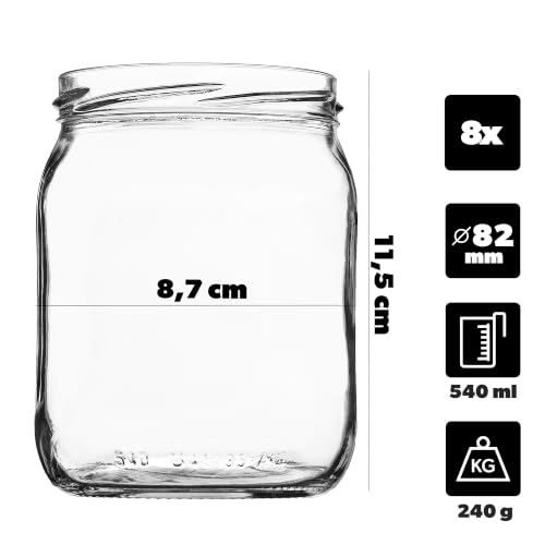 KADAX 8er Set Einmachgläser 540ml TO82 Schwarz kariert, Sturzgläser Mason Jar mit Schraubdeckel, Luftdichte Twist-off Gläser, Meal Prep… – Ansicht 2