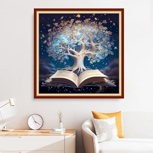 Image of Disxvivy Cross Stitch Stamped Full Embroidery Kits DIY 11CT Cotton Thread Printed DIY Needlepoint Kits Craft Needlework Set Cross-Stitch Stamped Sets-White Tree Book 18x18 inch