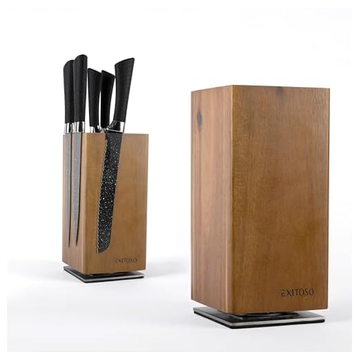 Exitoso NUOVO ceppo portacoltelli in acacia, ruotabile di 360 gradi con magneti all'esterno e inserto in setole rimovibile - spazio per un massimo di 20 coltelli | ceppo portacoltelli in legno