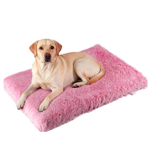 Image of Orthopedic Memory Foam Dog Bed Medium Size Crate Pad 35 x 22 Inch Pink | Dual-layer support with removable washable plush cover waterproof liner nonslip base for kennel car and home use up to 60 lb