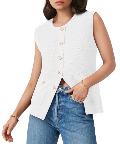 Image of Yousify Womens Sweater Vest Sleeveless Button Down Round Neck Knitted Tank Tops Casual Cardigan with Pockets