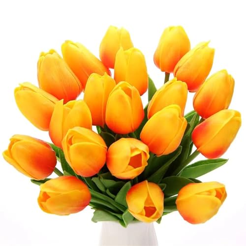 Image of 20Pcs Stems 13.5 Inch Sunset Red PU Artificial Moisturizing Tulips, Faux Sunset Red Tulips Flowers for Thanksgiving Christmas Decorations Wedding Home Table Vase Floral Arrangements