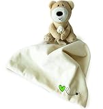 Baby Kuscheldecke von Baby Bibi. Baby Plüsch-Kuscheldecke für Jungen und Mädchen mit süßem Teddybär. Beruhigende und spaßige, hellgelbe Kuscheldecke mit braunem Teddybär, größe 30 x 30 cm