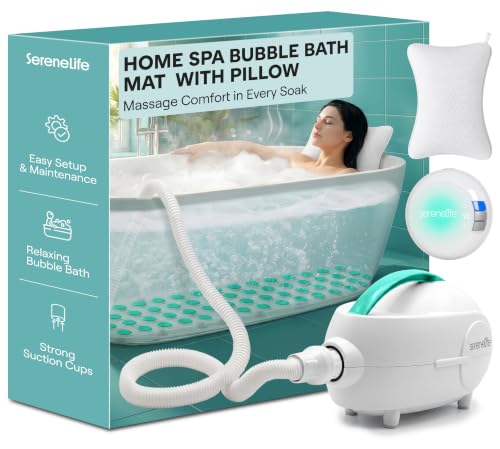 SereneLife Bubble Bath Mat - Portable Spa Bubble Bath Massager with Waterproof Bath Light & Pillow Adjustable Bubble Intensity Easy Button Control Remote Control