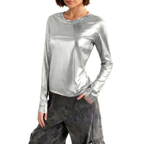 SYDUZAX Damen Metallic T-Shirt Basic Langarmshirt Slim Fit Rundhals...
