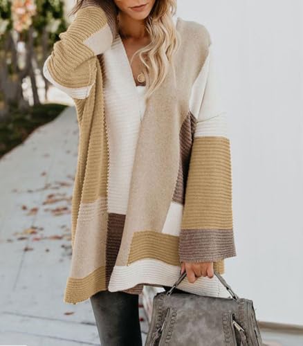 Image of chouyatou Women's Fall Geometric Color Block Open Front Cardigan Sweater Elegant Casual Oversized Coatigan Coat