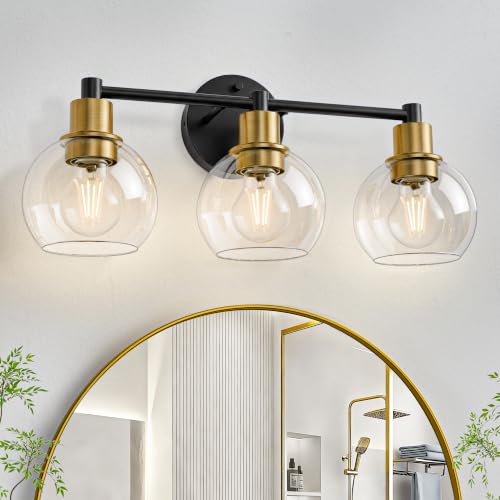 Image of 3 Light Bathroom Light Fixtures, Black and Gold Bathroom Vanity Lights, Modern Vanity Lights 3-Light Globe Bathroom Vanity Lighting Fixture Over Mirror