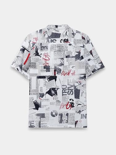 Image of StitchX Men's Half Sleeve Textured Cotton Newspaper Printed Shirt