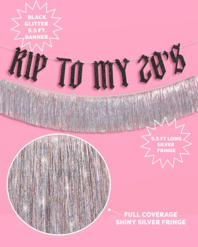 Image of xo, Fetti RIP to My 20s Fringe Banners - 1 Black Glitter & 1 Iridescent Fringe, 5.5 Ft. | Birthday Decorations, Bday Party Sign, 30th Photoshoot Backdrop, Dirty Thirty Funeral Decor