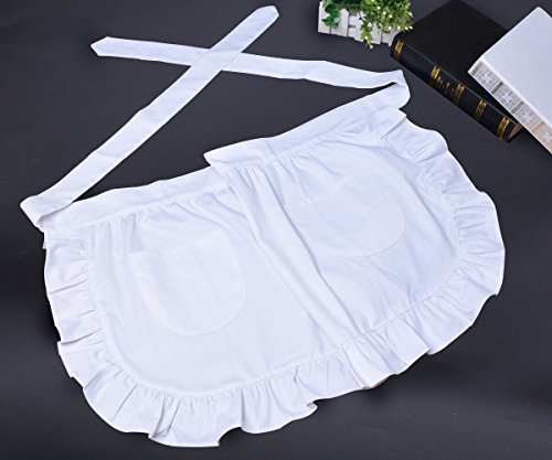 Love Potato 100% Cotton 2 Pockets Waist Apron Kitchen Cooking Restaurant Bistro Half Aprons for Girl Woman White - Image 2