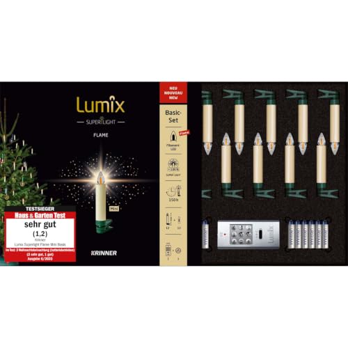 KRINNER Lumix LED kabellose Weihnachtsbaum Christbaumkerzen SuperLight Flame 12er Basis-Set , Kunststoff, Warmweiß inkl. Fernbedienung Timer Elfenbein 9cm 77122 ,