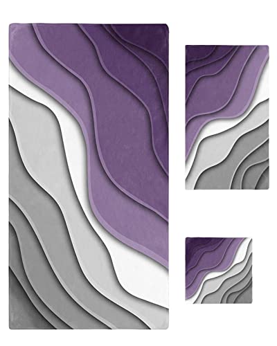 3 Piece Luxury Bath Towel Set - Purple & Gray Abstract Ombre Geometric Towels (1 Bath, 1 Hand, 1 Washcloth)