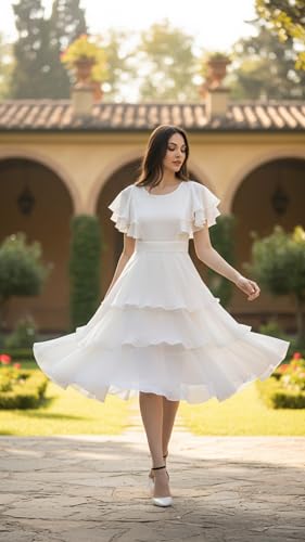 Image of Women Layered Georgette Fit & Flare Midi Dress | Round Neck Flutter Sleeve Knee Length Dress | Tiered Party Dress for Women Evening and Casual Styling