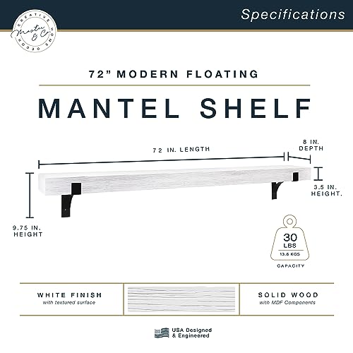 Image of Master & Co. Modern Floating Fireplace Mantel with Black Metal Brackets, Long Floating Shelves for Wall Decor, 72 inches, White Woodgrain