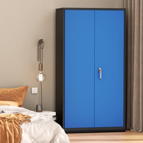 Image of INTERGREAT Metal Storage Cabinet with Doors, 72 inch Locking Steel Storage Cabinet with Shelves, Tall Metal Cabinet Lockable Steel Cabinets for Home Office, Garage,(Black+Blue)