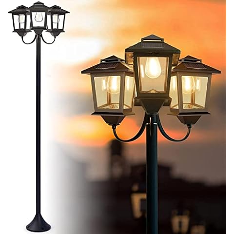 74.8" Aluminum Outdoor Solar Lamp Post Lights Solar Powered,Floor Lamps Outdoor Lights,3-Head Waterproof Street Lights for Garden,Lawn,Pathway,Driveway, Front/ Back Door,60 Lumens,3 Extra Spare Bulbs Cover