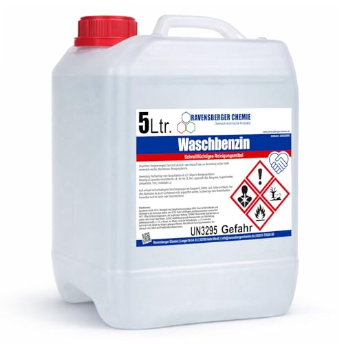 Ravensberger Chemie Waschbenzin Spezialreiniger Kanister hochwirksam für Fett Öl Teer Kleber Farbe Tinte Wachs Kaugummi für Kunststoffoberflächen verdünnbar mit Wasser (1x 5 Liter)