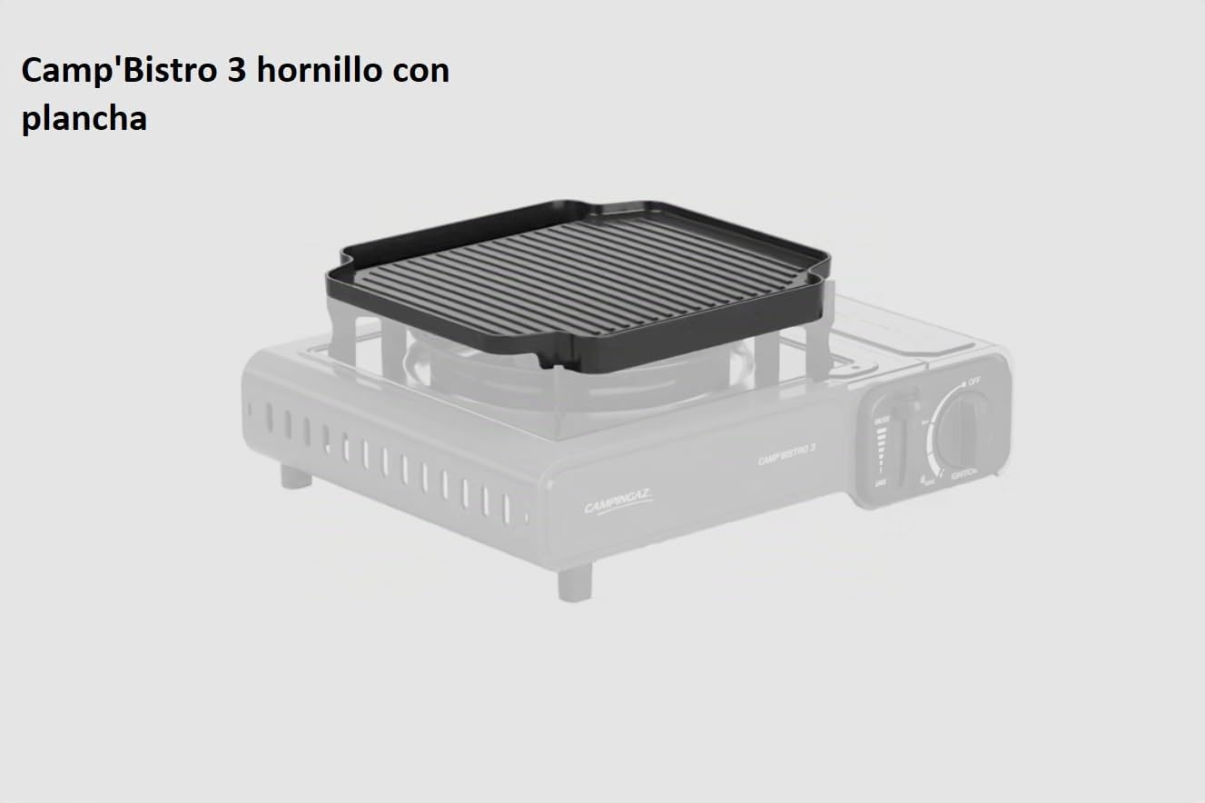 FYSHOP | Camp Bistro 3 Combo Hornillo y Plancha | Hornillo Camping de 1 Quemador | Cocina portátil compacta para Exteriores | Incluye 4 cartuchos de gas y Linterna | Camp'Bistro 3 hornillo con plancha