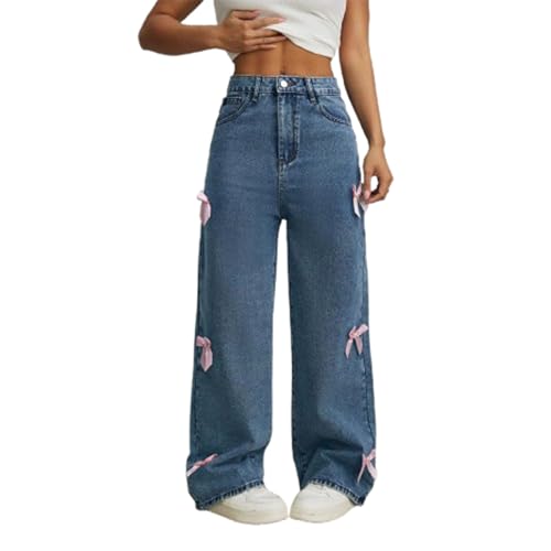 Girls Bow Jeans High Waisted Wide Leg Baggy Denim Pants – Cute Y2K Streetwear Trousers with Pockets for 6-16Y