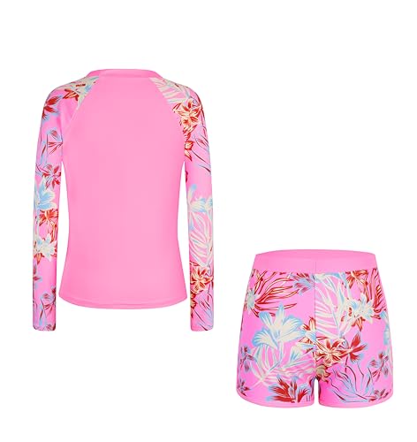 Image of Alakuoti Girls Rash Guard Swimsuit Two Piece Bathing Suit UPF 50+ Sun Protection Long Sleeve Swimwear 6-14 Years