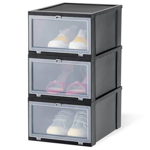 Iris Ohyama Scatole Trasparenti per Scarpe, per Taglie Fino a 46, L36 x H20 cm, Lotto di 3, Impilabile, Apertura Frontale, Contenitore con Coperchio, Scarpe da Ginnastica, EUDF-M