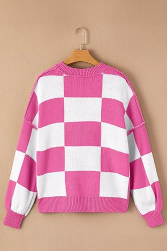 Image of Women's Casual Crew-Neck Long Sleeve Sweater Checkered Pullover Knit Sweaters Jumper Top