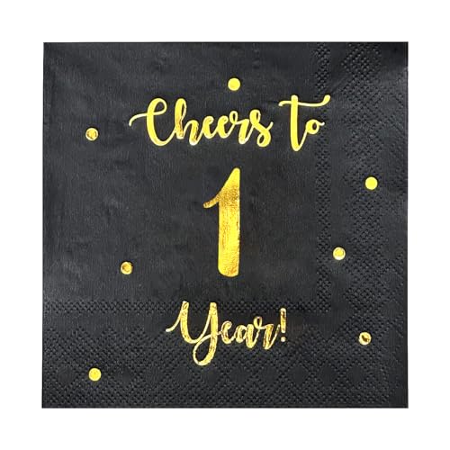 Cheers to 1 Year Cocktail Napkins | Happy 1st Birthday Decorations for Men and Women and Wedding Anniversary Party Decorations | 50-Pack 3-Ply Napkins | 5 x 5 inch folded (Black)