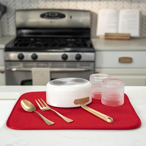 Image of S&T INC. Dish Drying Mat, 16 inch x 18 inch, Absorbent Microfiber Kitchen Counter Mat, Dish Drying Pad for Dishes, Utensils, Pots and Pans, Large, Red