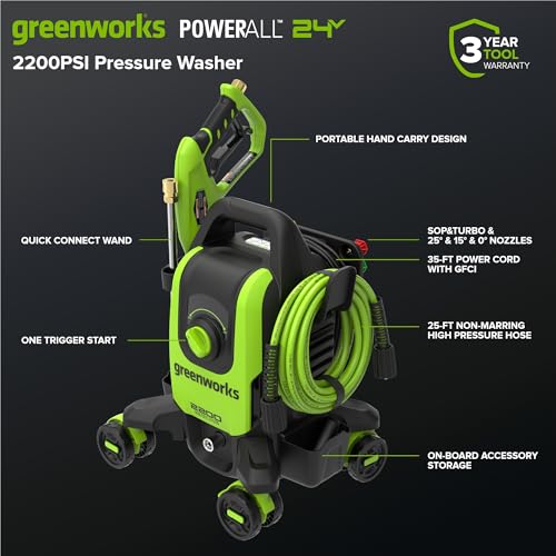 Image of Greenworks 2200 PSI (1.2 GPM Max) Electric Pressure Washer (0, 15, 25, Soap, and Turbo Nozzle) for Use On Cars, Decks, Fences, Concrete Patios, Sidewalks & More. Medium-Duty
