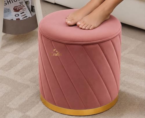 Image of Luxury Velvet Ottoman Stool for Living Room & Bedroom | Premium Round Pouffe with Gold Metal Base | Modern Footrest, Extra Seating & Home Decor (Pink Set of 2)