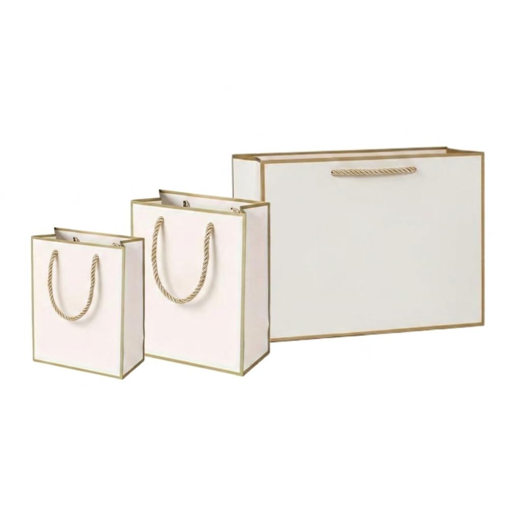 Luxury White Gift Bags with Gold Trim – Premium Reusable Paper Gift Bags with Ribbon & Rope Handles | Elegant Gift Packaging for All Occasions |Gold-Champagne-Medium-Pack of 10