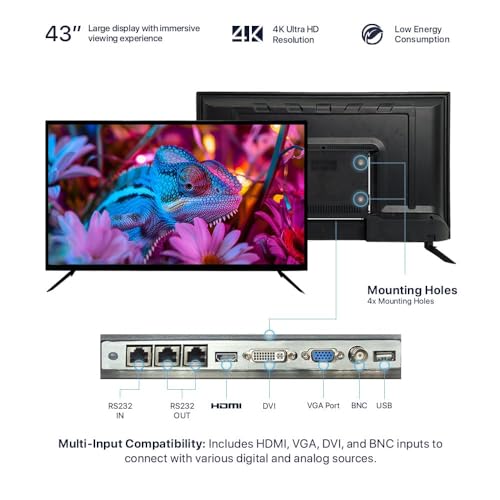Image of 43 Inch Surveillance Grade Large Size 24 /7 4K Monitor Screen, 4K LCD Monitor, HDMI /VGA /DVI /BNC Inputs, 3840 x2160 HD, 16:9, 5ms Response, Designed for CCTV Security DVR /NVR Camera System