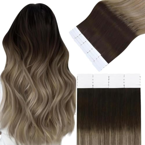 Image of Easyouth 24 Inch Tape in Hair Extensions Human Hair Ombre Tape Extensions Human Hair Brown Balayage Blonde Hair Extension Real Human Hair Tape in for Long Hair 50g 20pcs Seamless Tape in Extension
